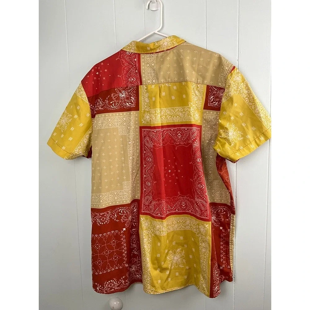 The North Face Mens XXL Bandana Patchwork Button Down Shirt Red Yellow Short Slv